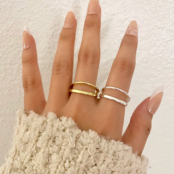 925 Sterling Silver Dainty Minimalist Stackable Ring Two Layer Ring - Picture 2 of 9